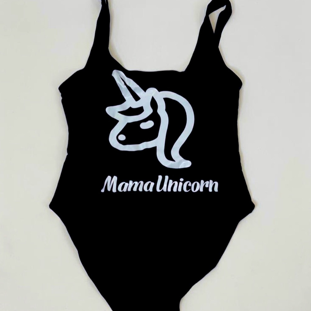SOLD SUMMER🤩 SALE
Black Swimsuit, "Mama Unicorn", In White Glitter - Picture 1 of 3